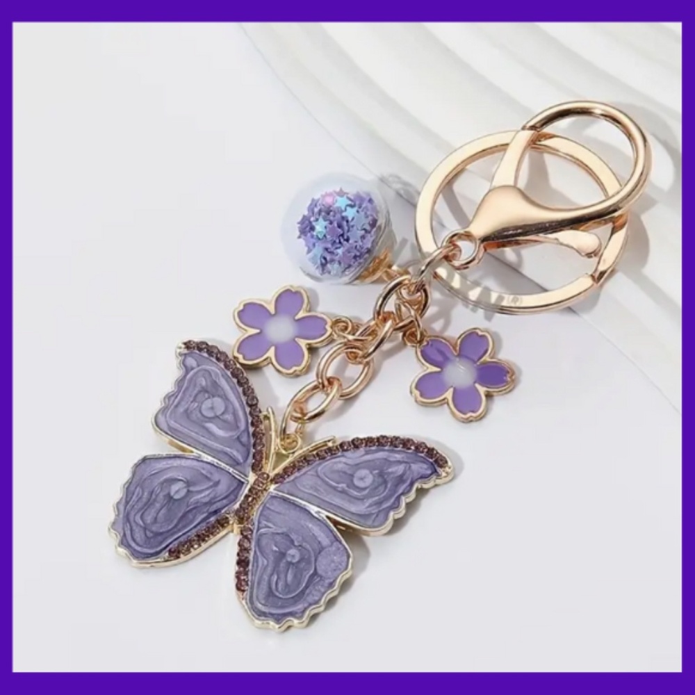 Purple Butterfly & Flower Rhinestone Keychain - Zinc Alloy, Dripping Wax Design